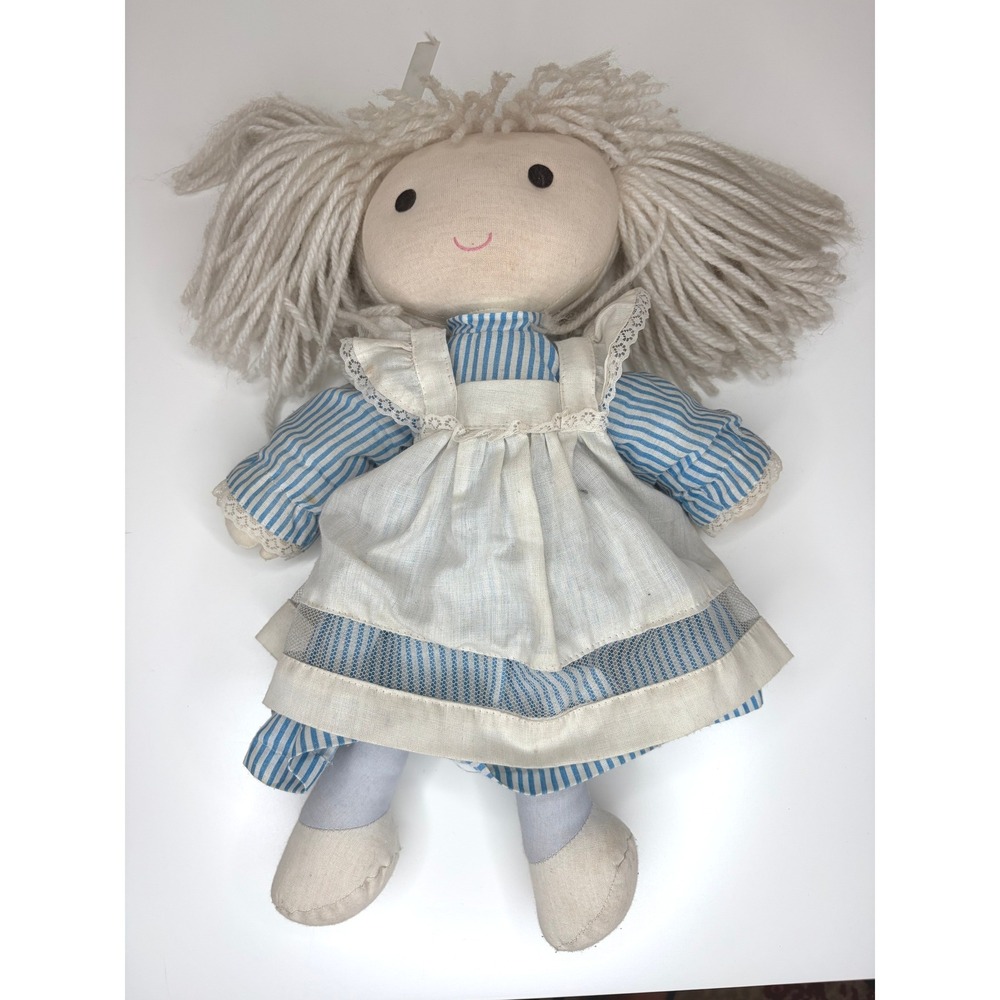Vintage Upstairs Rag Doll 16" Blue White Dress Apron 1983 Collectible